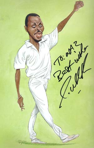 Framed caricature of Curtly Ambrose by John Ireland 